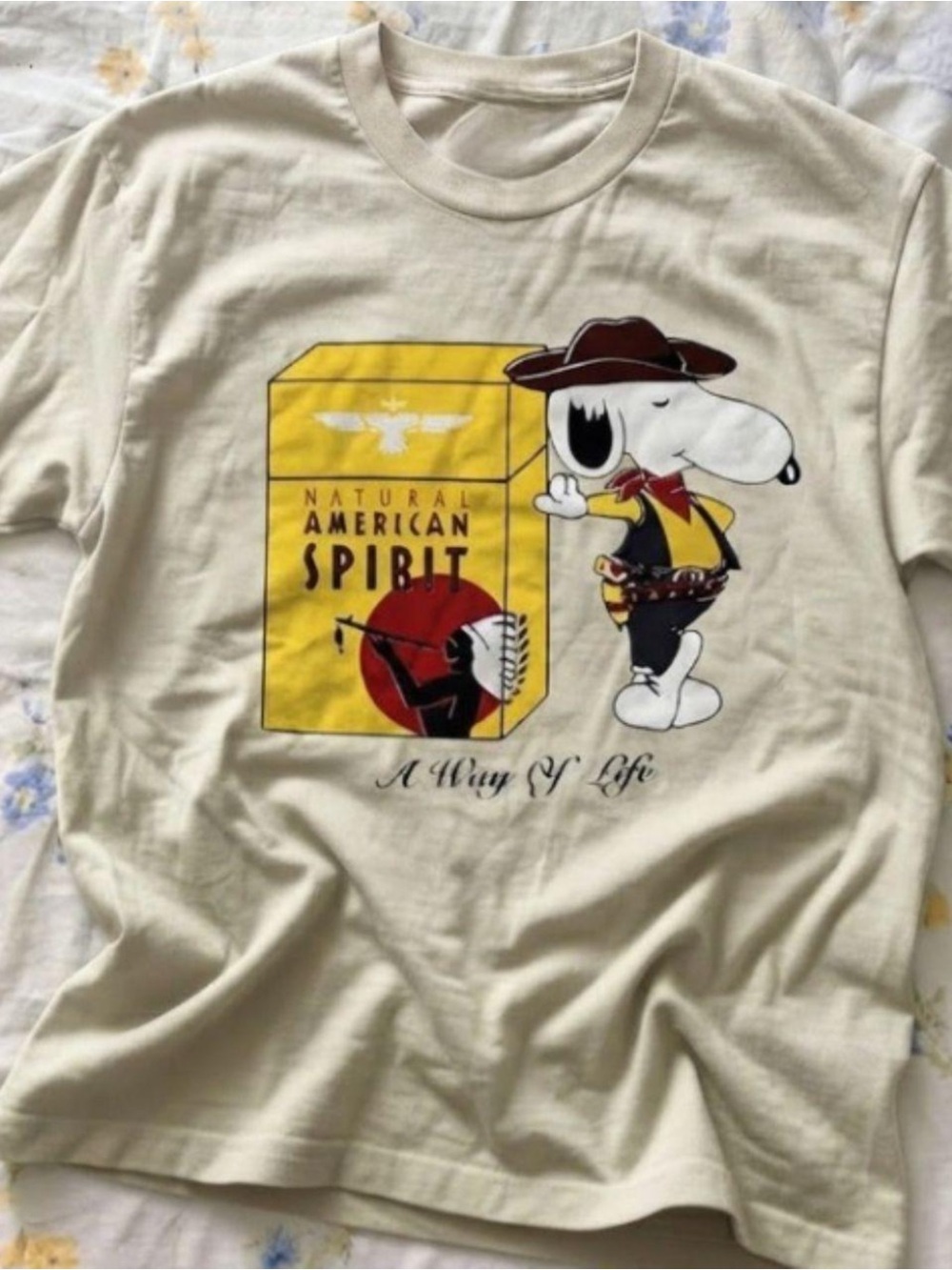 Gildan Cream Short Sleeve Tee with Yellow & Red Graphic